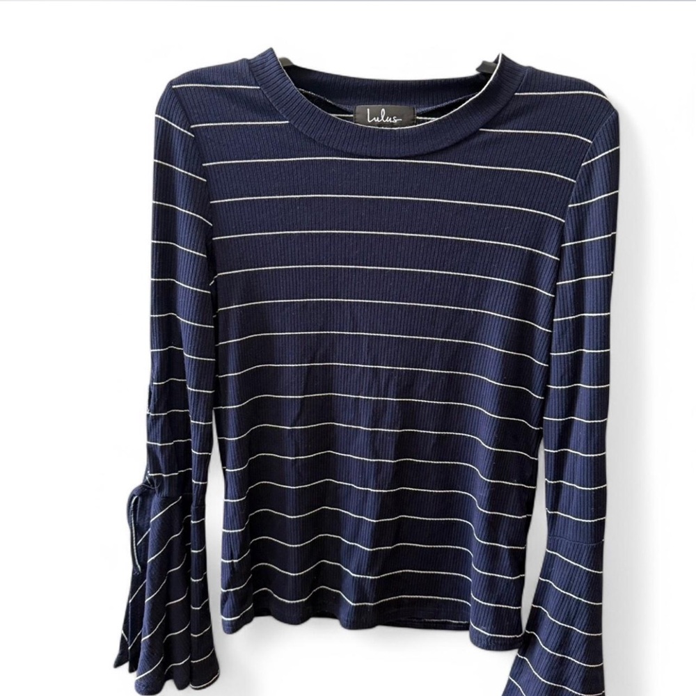 Lulus size M Navy blue “Found my mate” striped long sleeve top with bell sleeves - Picture 2 of 8